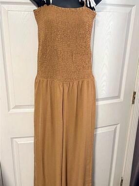 Camel Brown Boho Smocked Wide Leg Jumpsuit Tassel Strap Flowy